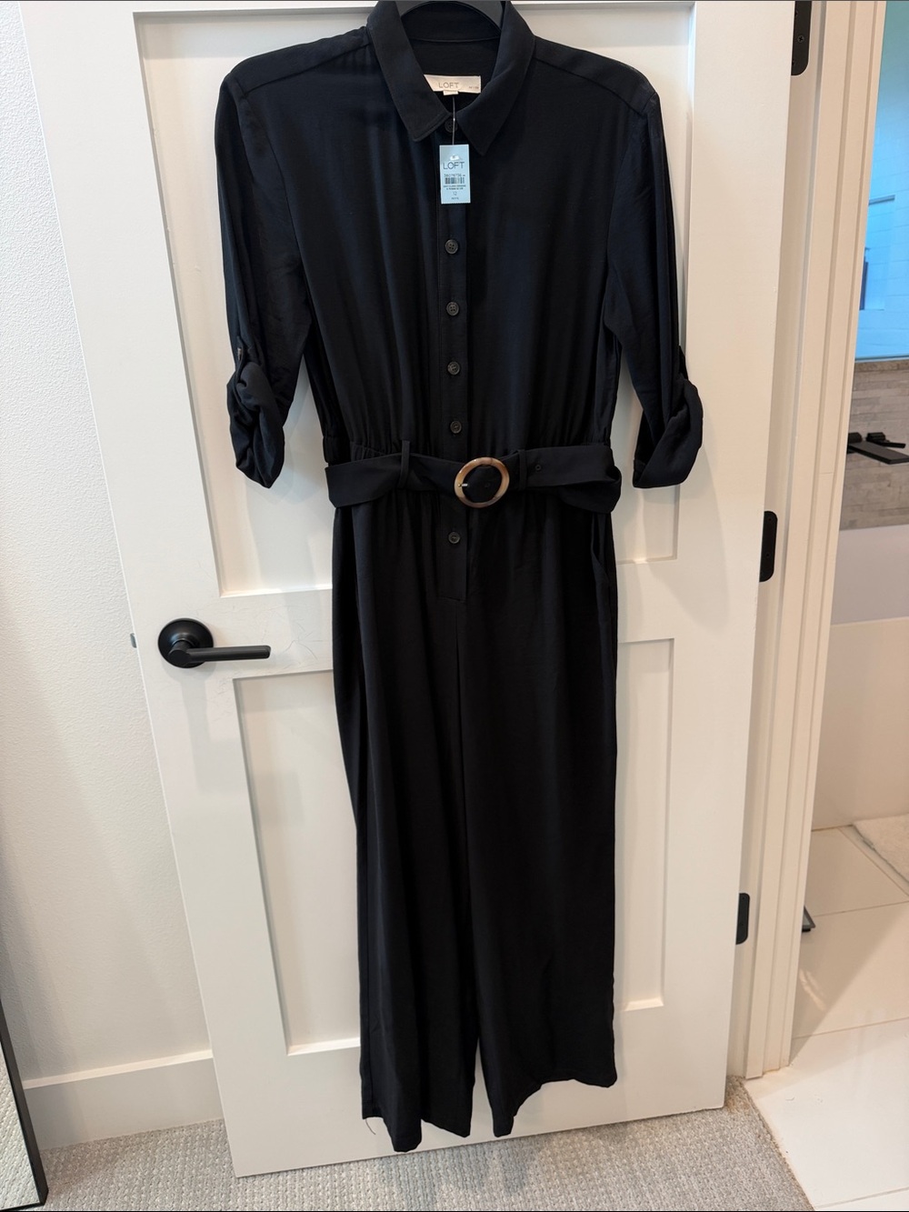 LOFT Black Button-Front Belted Jumpsuit